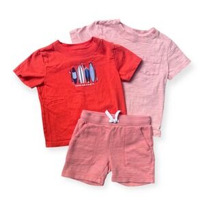 Janie and Jack Boys 2T Summer Set Red Surfboard Tee Pink Pocket Tee and Shorts